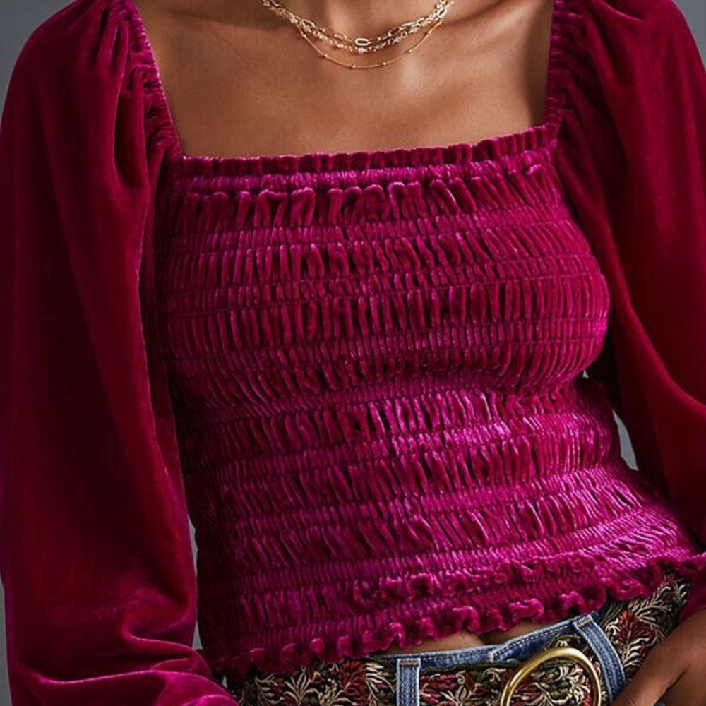 Anthropologie Puff-Sleeved Velvet Blouse.